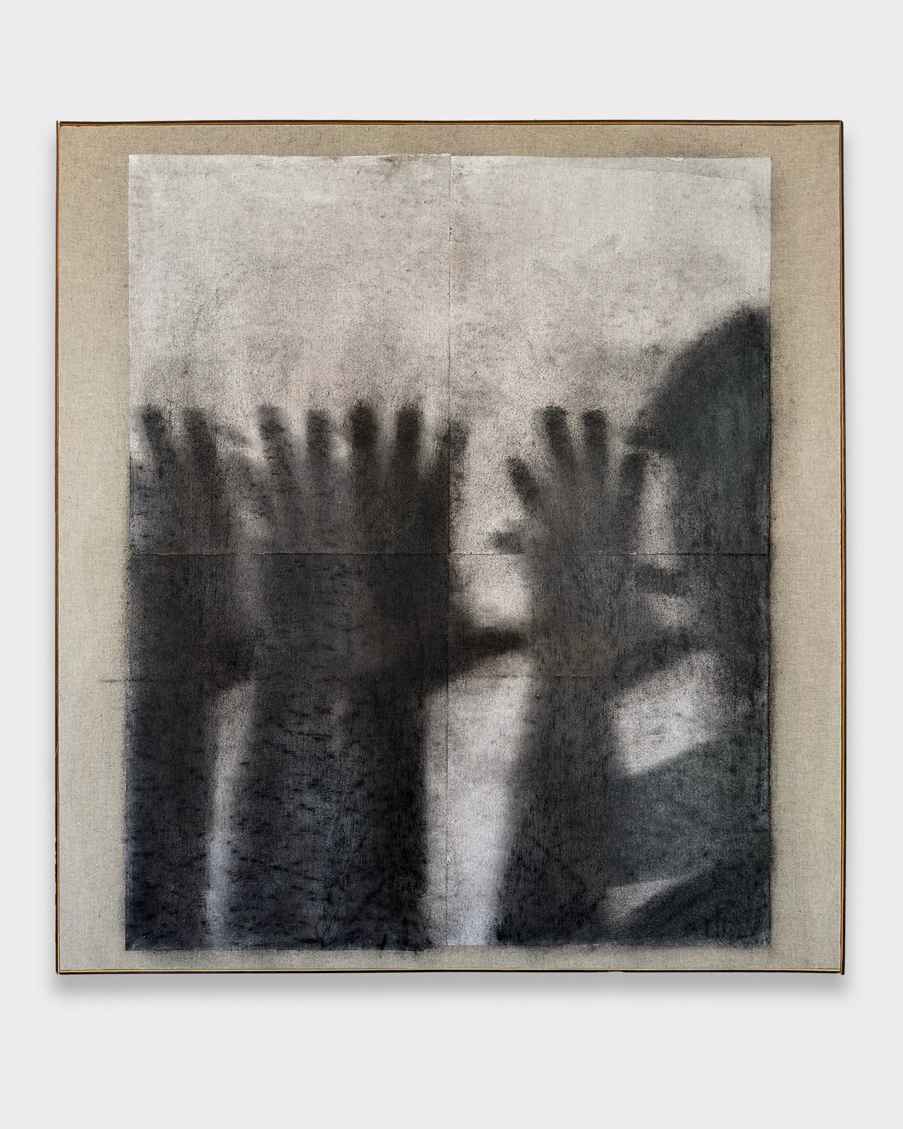 untitled 5- 26, 2026, 2x2 Project. Oil, thermo-fixed toner on paper, acrylic, charcoal and beeswax on raw canvas, 76 × 71 cm. Romesh Bothalage