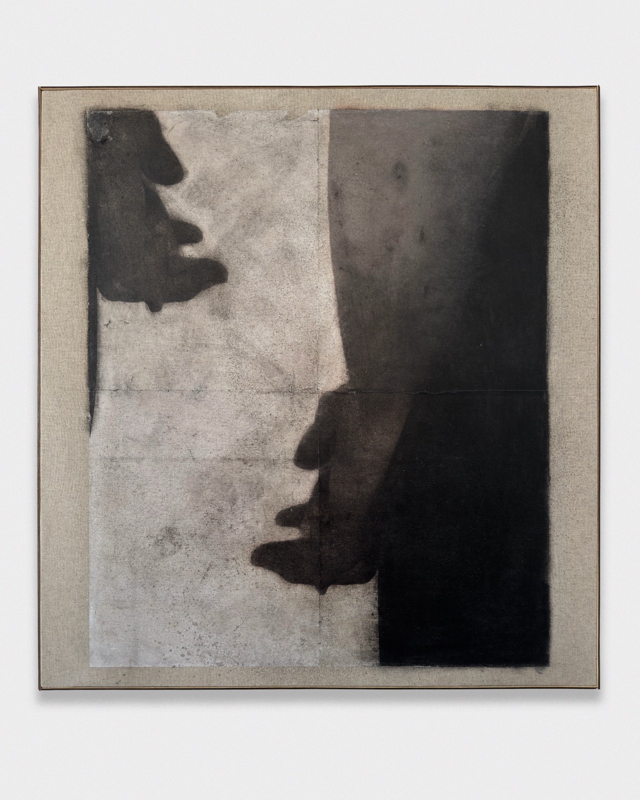 untitled 8 - 26, 2026, 2x2 Project. Oil, thermo-fixed toner on paper, acrylic, charcoal and beeswax on raw canvas, 76 × 71 cm. Romesh Bothalage