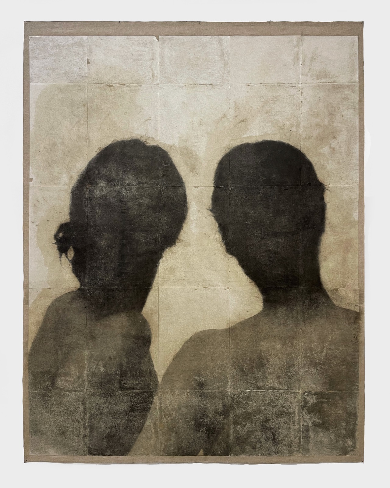 Atypical space 2, 2025, Absence. Oil, thermo-fixed toner on paper, acrylic, charcoal and beeswax on raw canvas, 180 × 140 cm. Romesh Bothalage