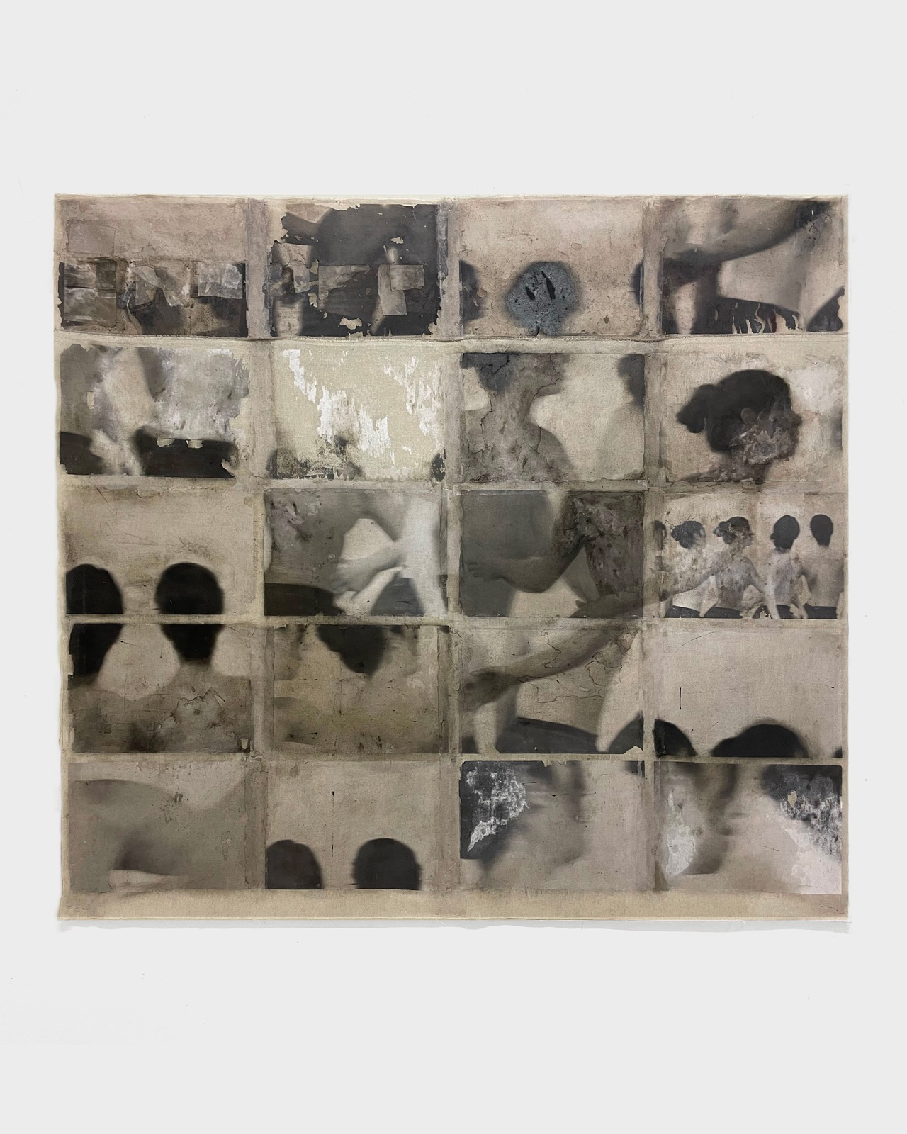Memories, 2025, Absence. Oil, thermo-fixed toner on paper, acrylic, charcoal and beeswax on raw canvas, 170 × 160 cm. Romesh Bothalage