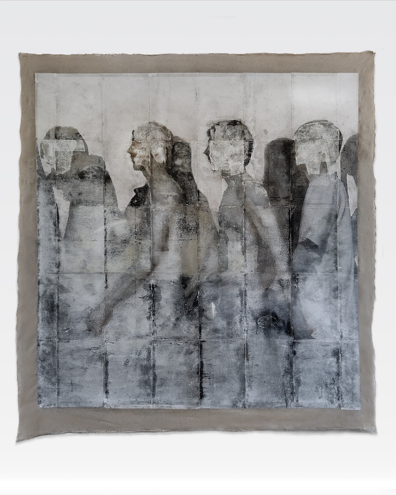 Untitled 1 - 26, 2026, Absence. Oil, thermo-fixed toner on paper, acrylic, charcoal and beeswax on raw canvas, 220 × 240 cm. Romesh Bothalage