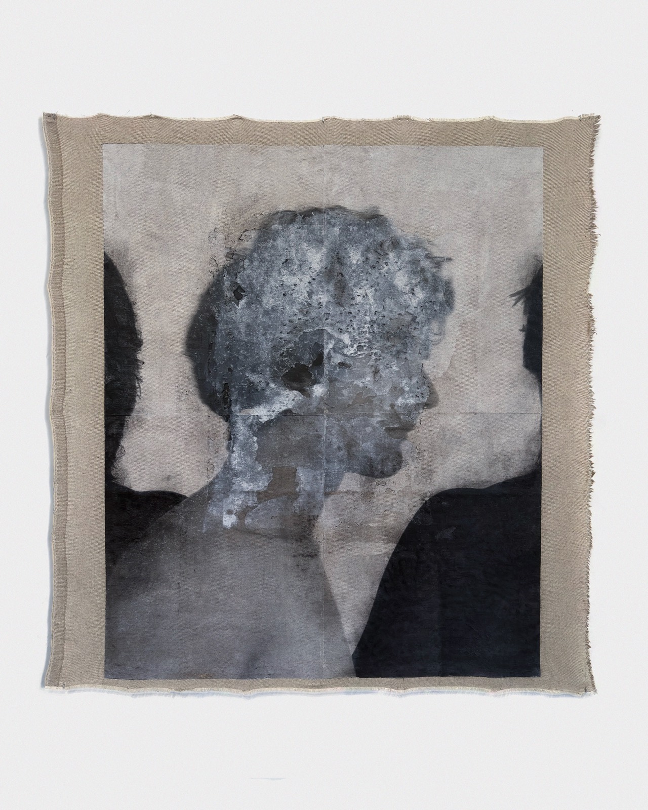 Untitled 3 - 26, 2026, Absence. Oil, thermo-fixed toner on paper, acrylic, charcoal and beeswax on raw canvas, 76 × 71 cm. Romesh Bothalage