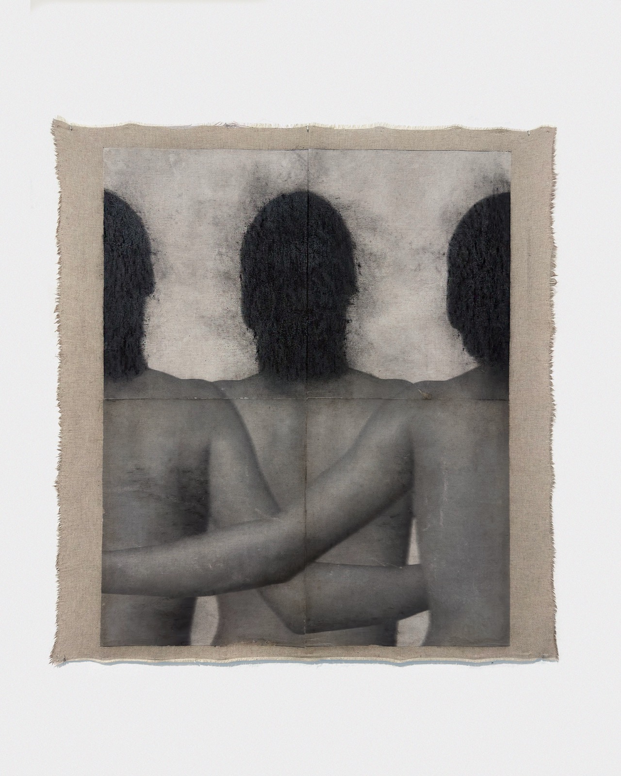 Untitled 4 - 26, 2026, Absence. Oil, thermo-fixed toner on paper, acrylic, charcoal and beeswax on raw canvas, 76 × 71 cm. Romesh Bothalage