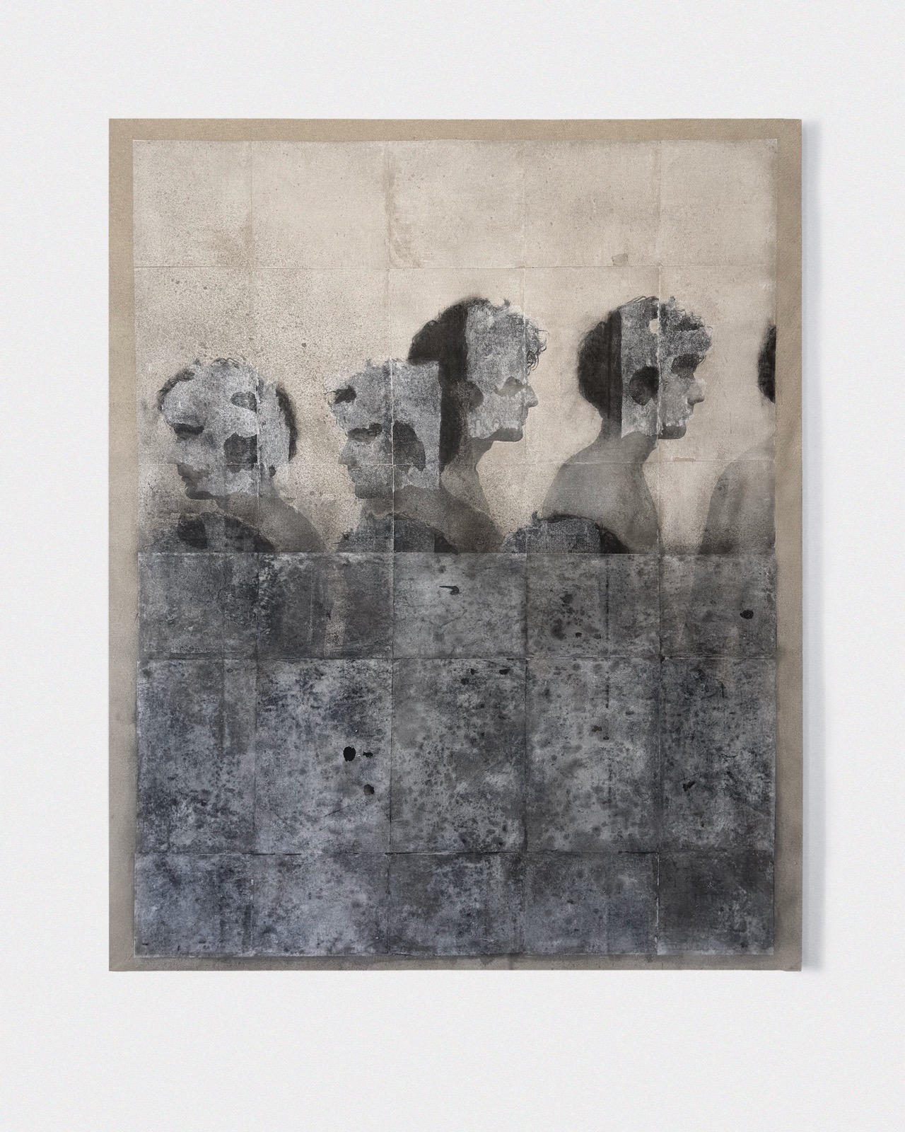 Untitled 6 - 26, 2026, Absence. Oil, thermo-fixed toner on paper, acrylic, charcoal and beeswax on raw canvas, 180 × 150 cm. Romesh Bothalage