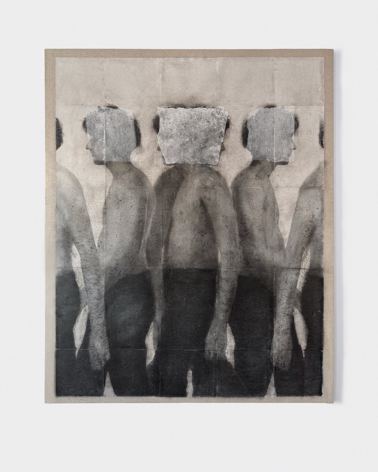 Untitled 7 - 26, 2026, Absence. Oil, thermo-fixed toner on paper, acrylic, charcoal and beeswax on raw canvas, 180 × 150 cm. Romesh Bothalage
