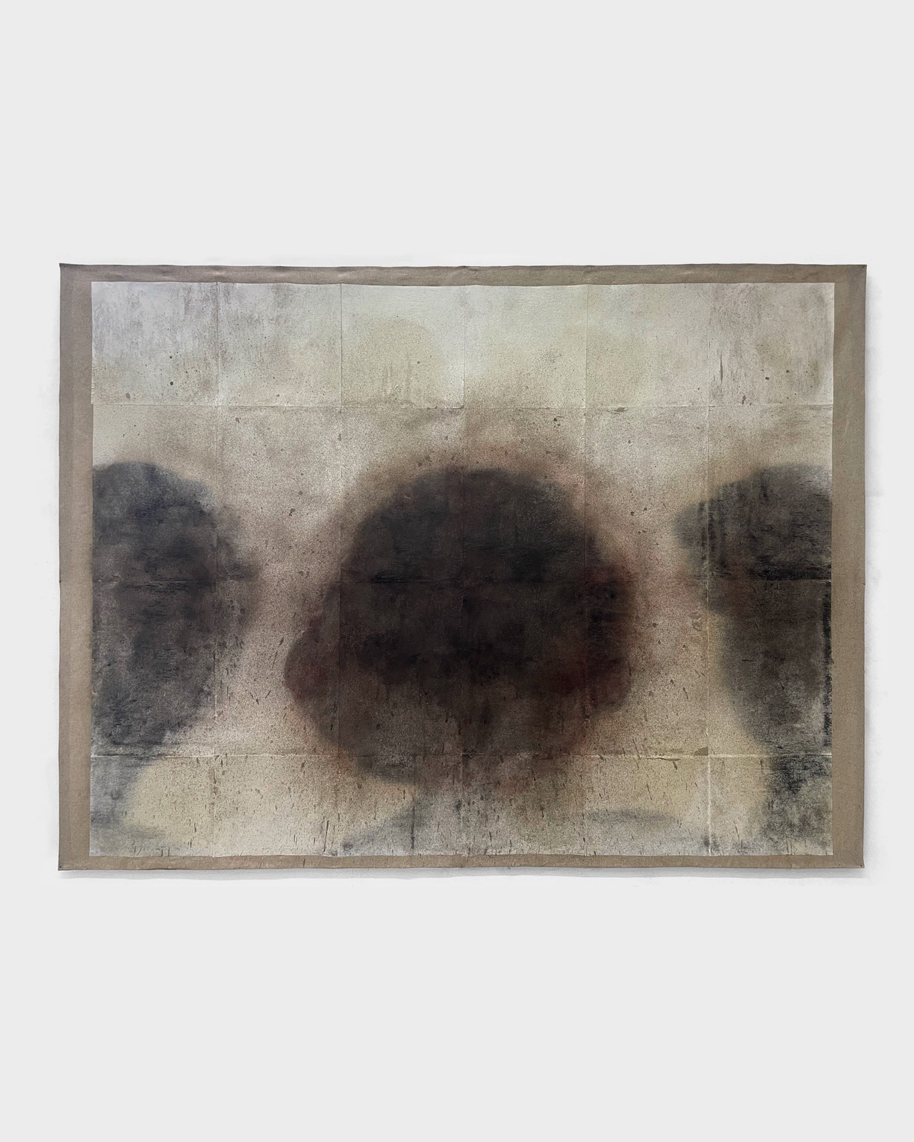 Atypical space 1, 2025, Absence. Oil, thermo-fixed toner on paper, acrylic, charcoal and beeswax on raw canvas, 150 × 180 cm. Romesh Bothalage