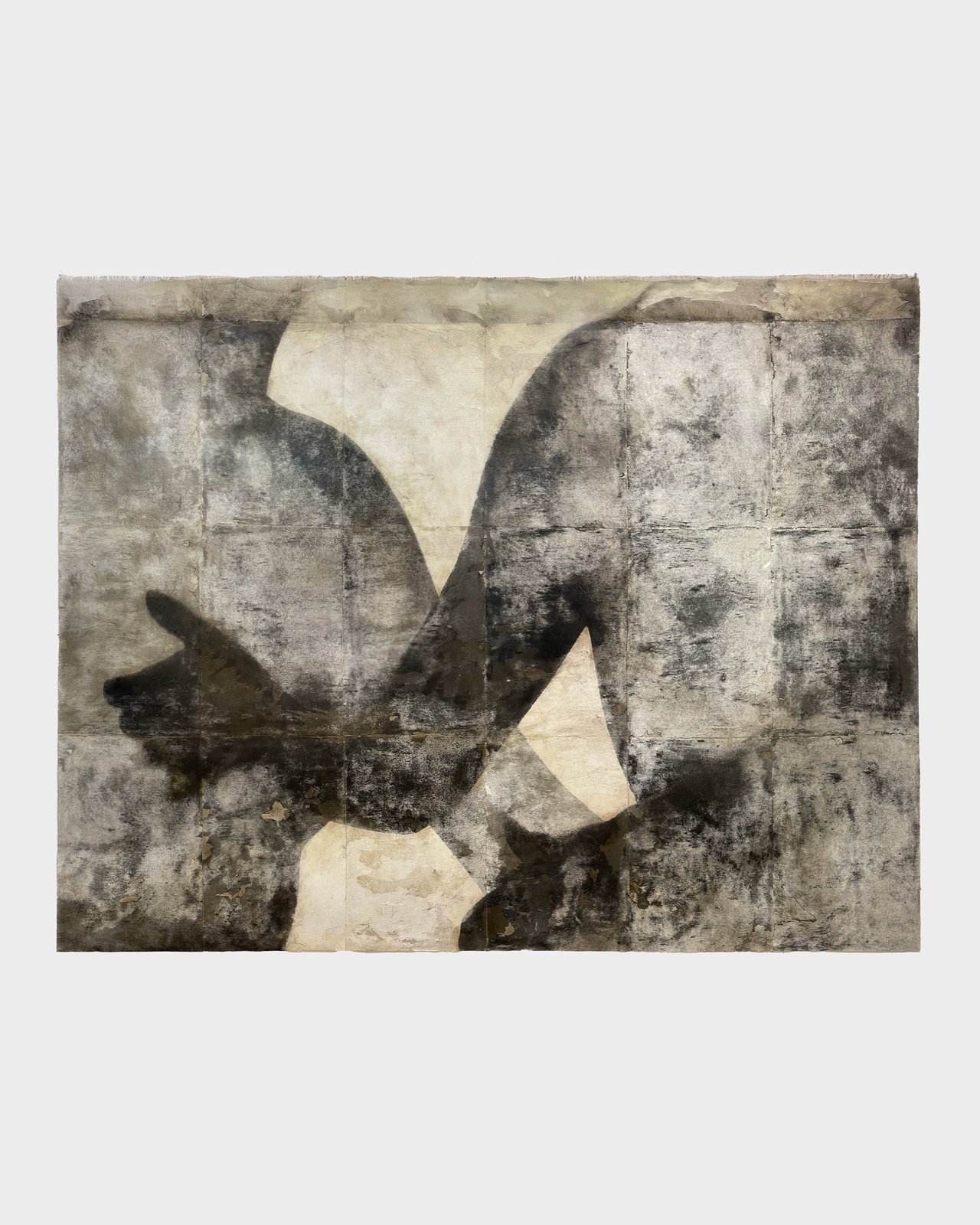 Atypical space 3, 2025, Absence. Oil, thermo-fixed toner on paper, acrylic, charcoal and beeswax on raw canvas, 130 × 170 cm. Romesh Bothalage