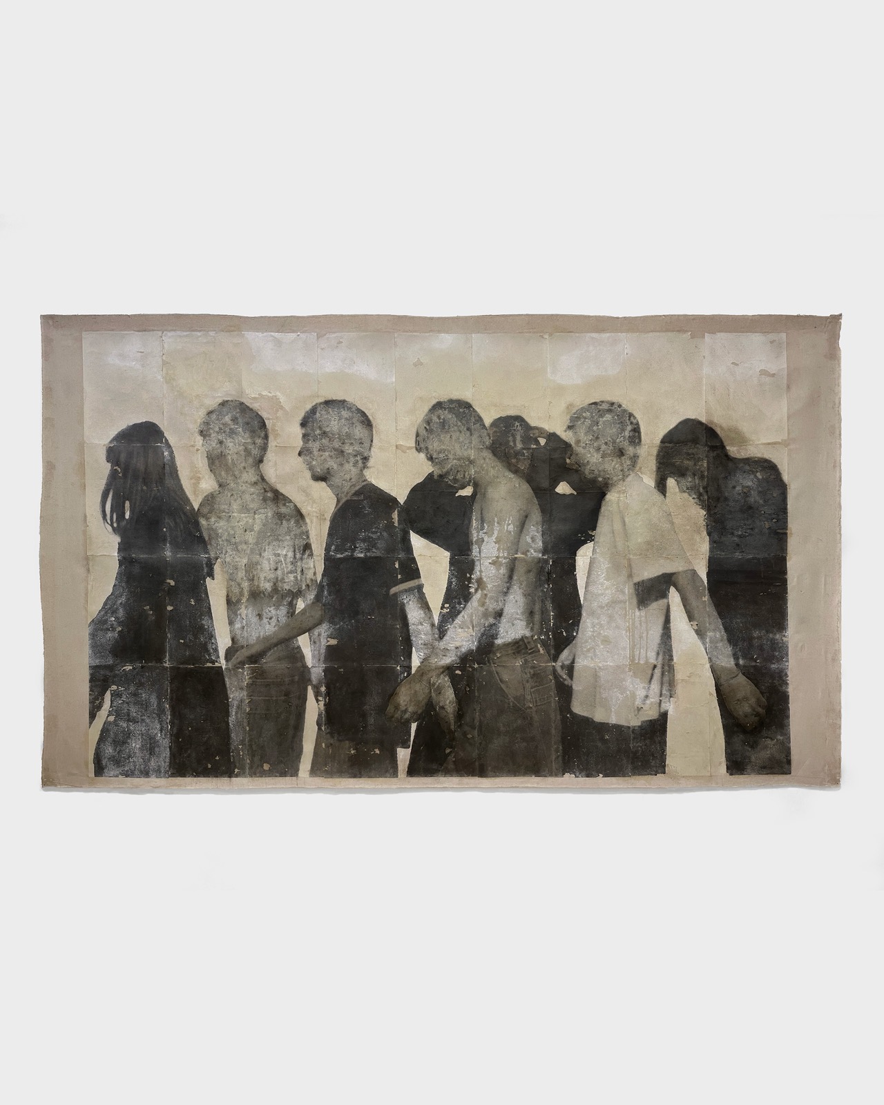 Fade, 2025, Absence. Oil, thermo-fixed toner on paper, acrylic, charcoal and beeswax on raw canvas, 180 × 280 cm. Romesh Bothalage