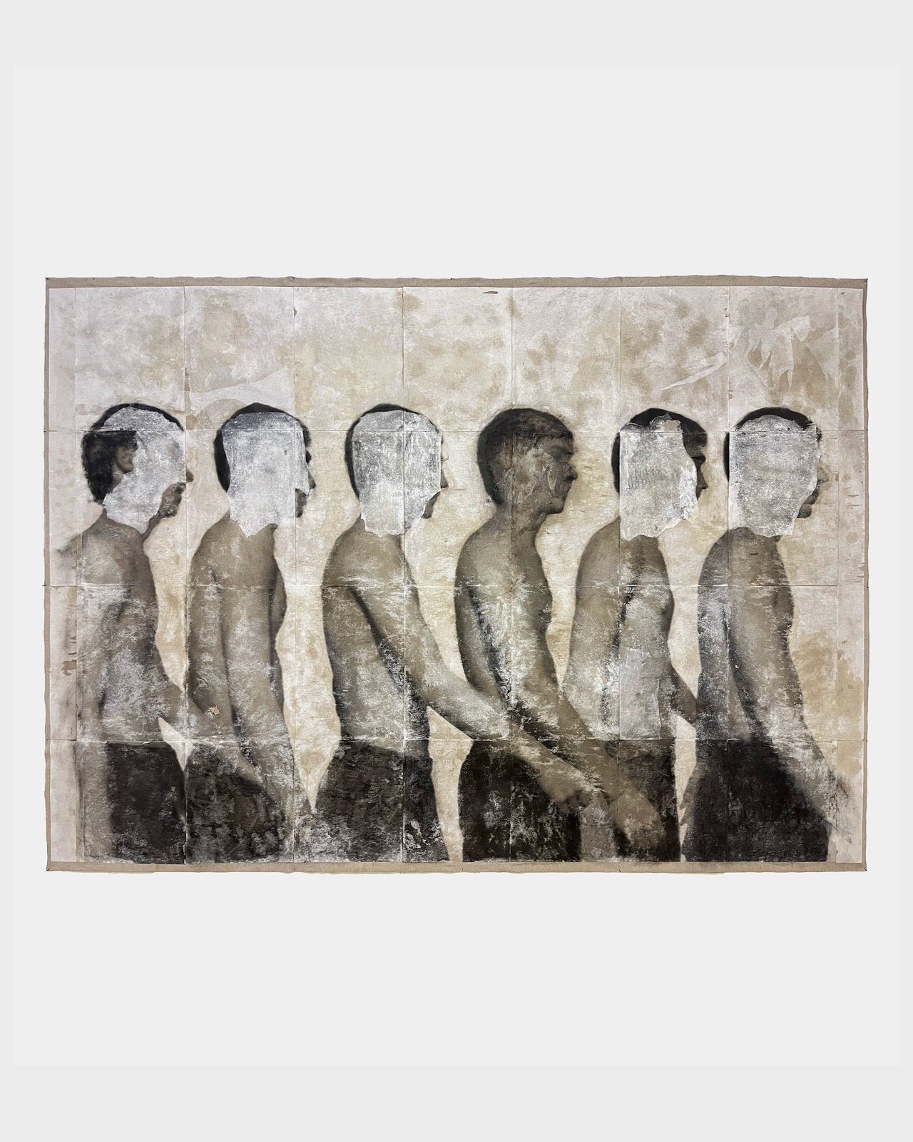 Persona, 2025, Absence. Oil, thermo-fixed toner on paper, acrylic, charcoal and beeswax on raw canvas, 150 × 230 cm. Romesh Bothalage