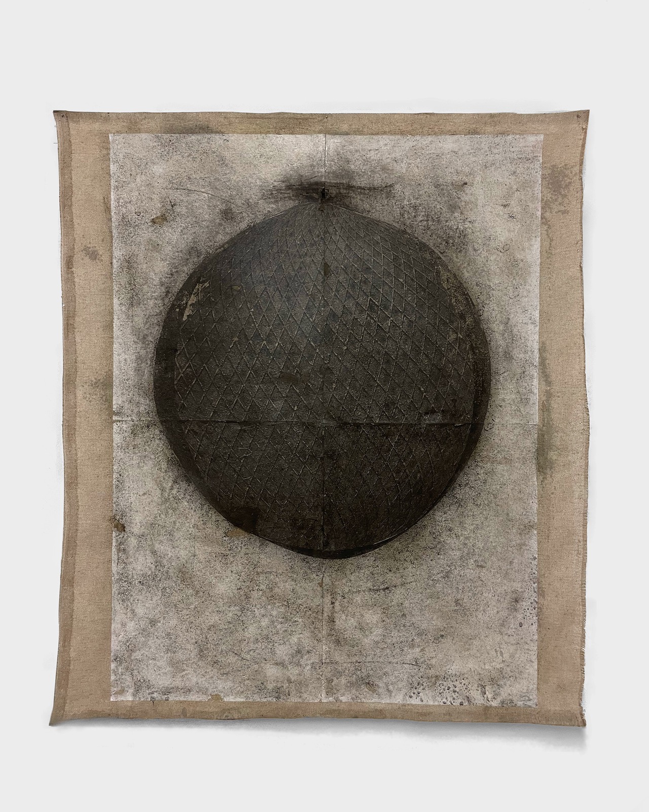 Geometria - luogo 1, 2025, Ideal Forms. Oil, thermo-fixed toner on paper, acrylic, charcoal and beeswax on raw canvas, 75 × 54 cm. Romesh Bothalage