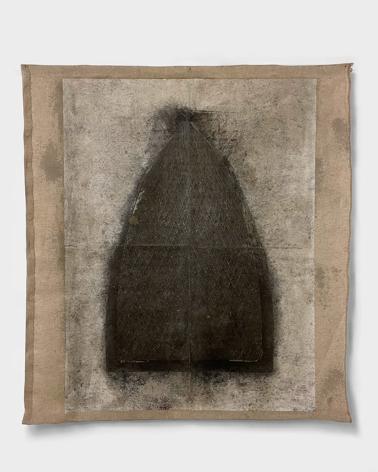Geometria - luogo 2, 2025, Ideal Forms. Oil, thermo-fixed toner on paper, acrylic, charcoal and beeswax on raw canvas, 75 × 67 cm. Romesh Bothalage