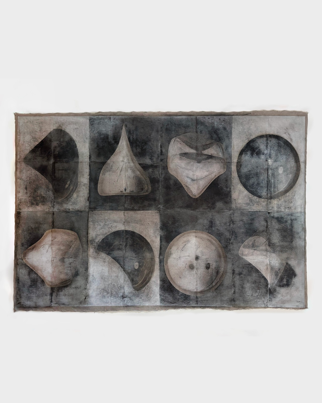 Empty Forms 1, 2026, Ideal Forms. Oil, thermo-fixed toner on paper, acrylic, charcoal and beeswax on raw canvas, 150 × 230 cm. Romesh Bothalage
